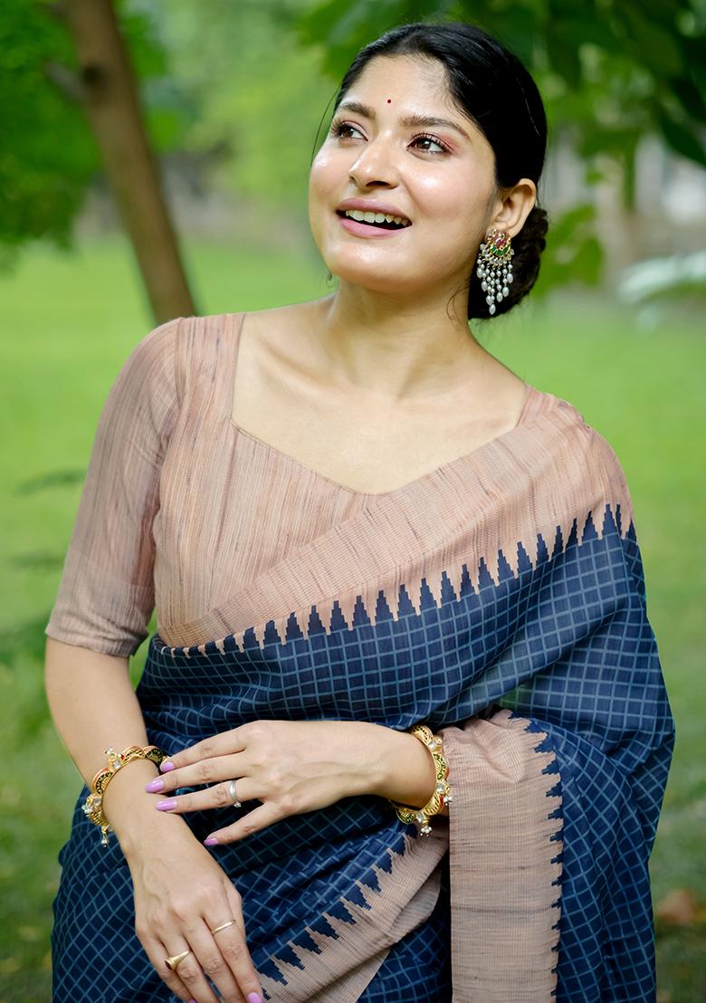 Blue Checked Tussar Silk Saree Set