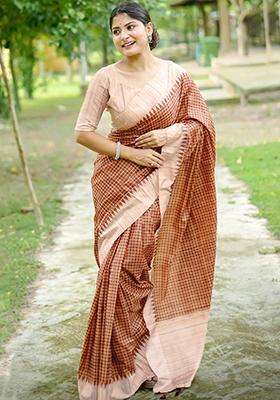 Coffee Brown Checked Tussar Silk Saree Set