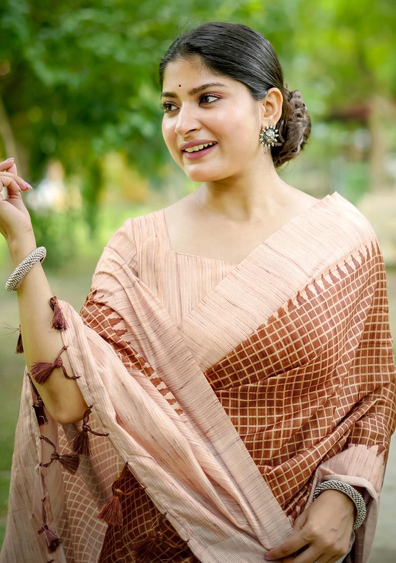 Coffee Brown Checked Tussar Silk Saree Set