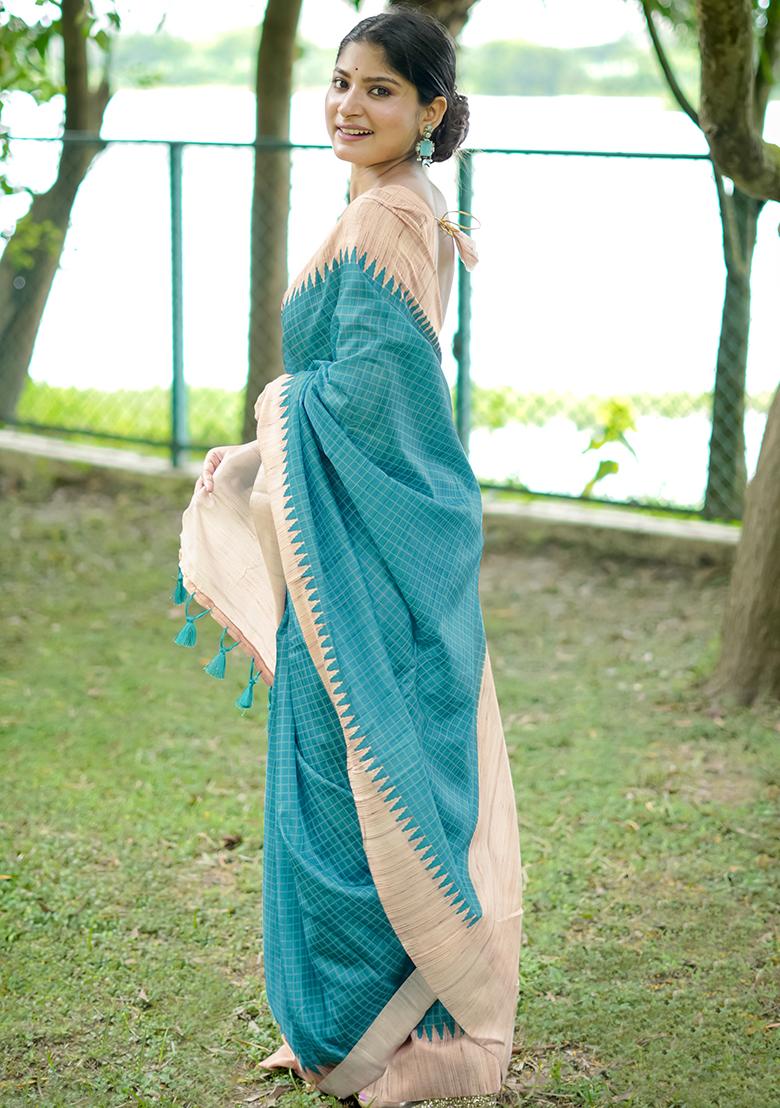 Firozi Blue Checked Tussar Silk Saree Set