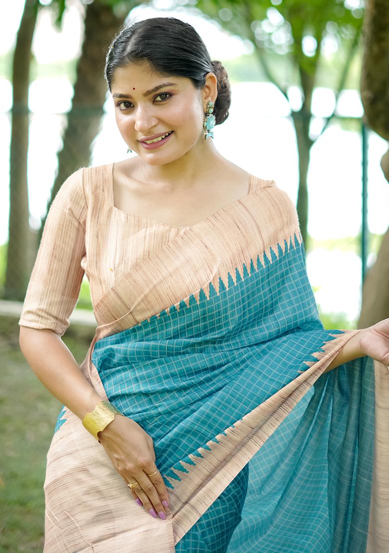 Firozi Blue Checked Tussar Silk Saree Set