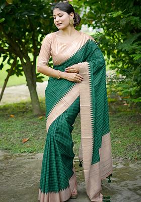 Green Checked Tussar Silk Saree Set
