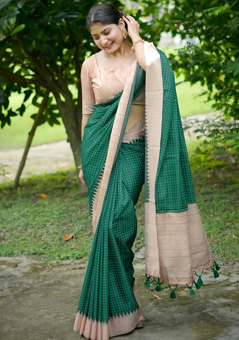 Green Checked Tussar Silk Saree Set