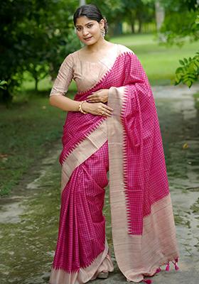 Pink Checked Tussar Silk Saree Set
