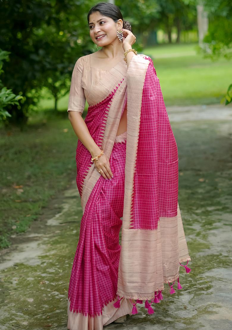 Pink Checked Tussar Silk Saree Set