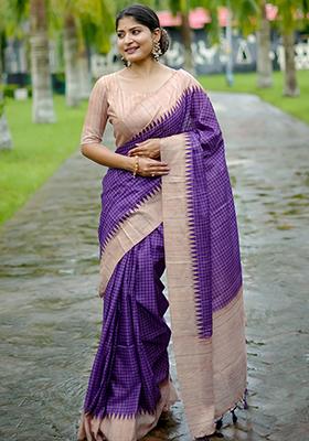Purple Checked Tussar Silk Saree Set