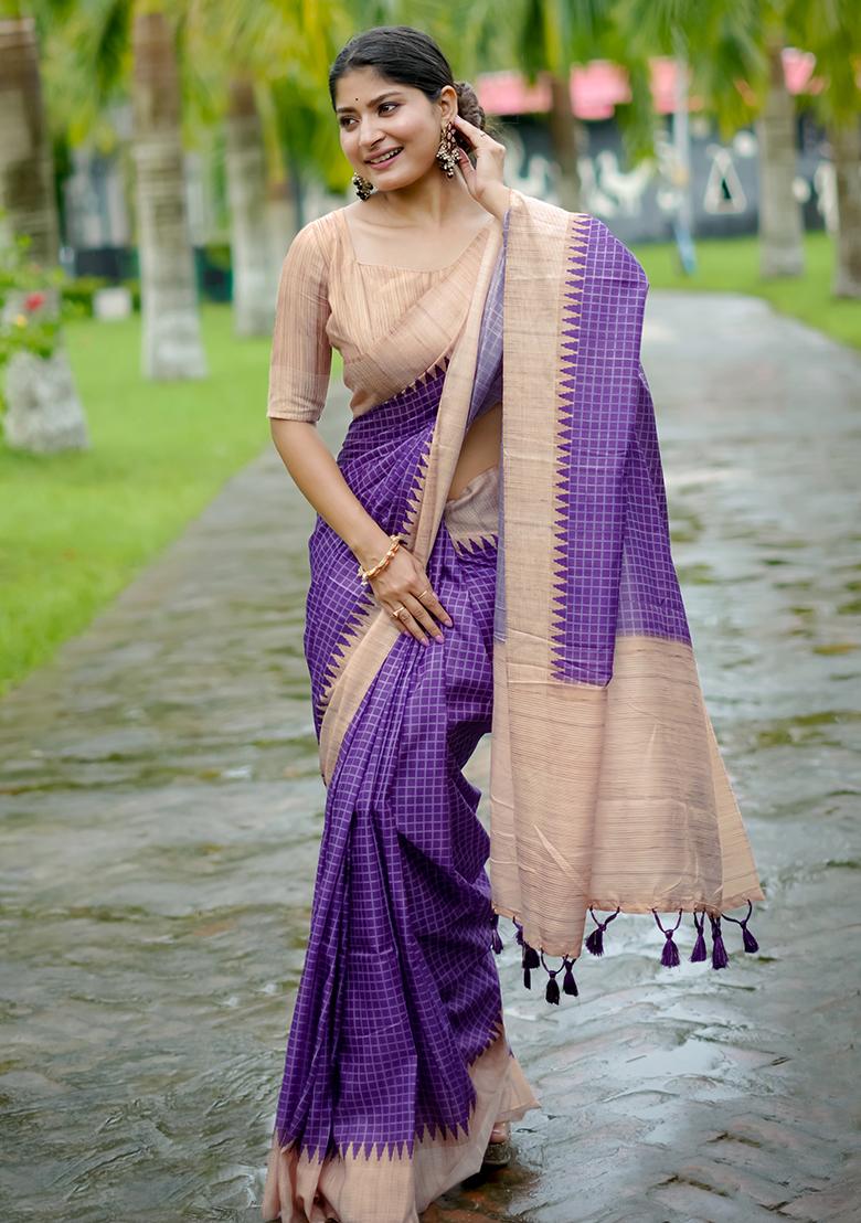 Purple Checked Tussar Silk Saree Set