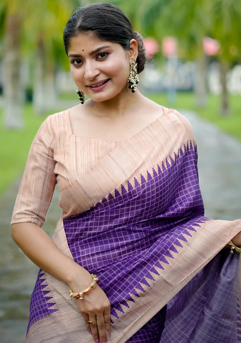 Purple Checked Tussar Silk Saree Set