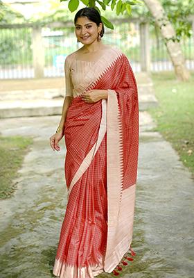 Red Checked Tussar Silk Saree Set