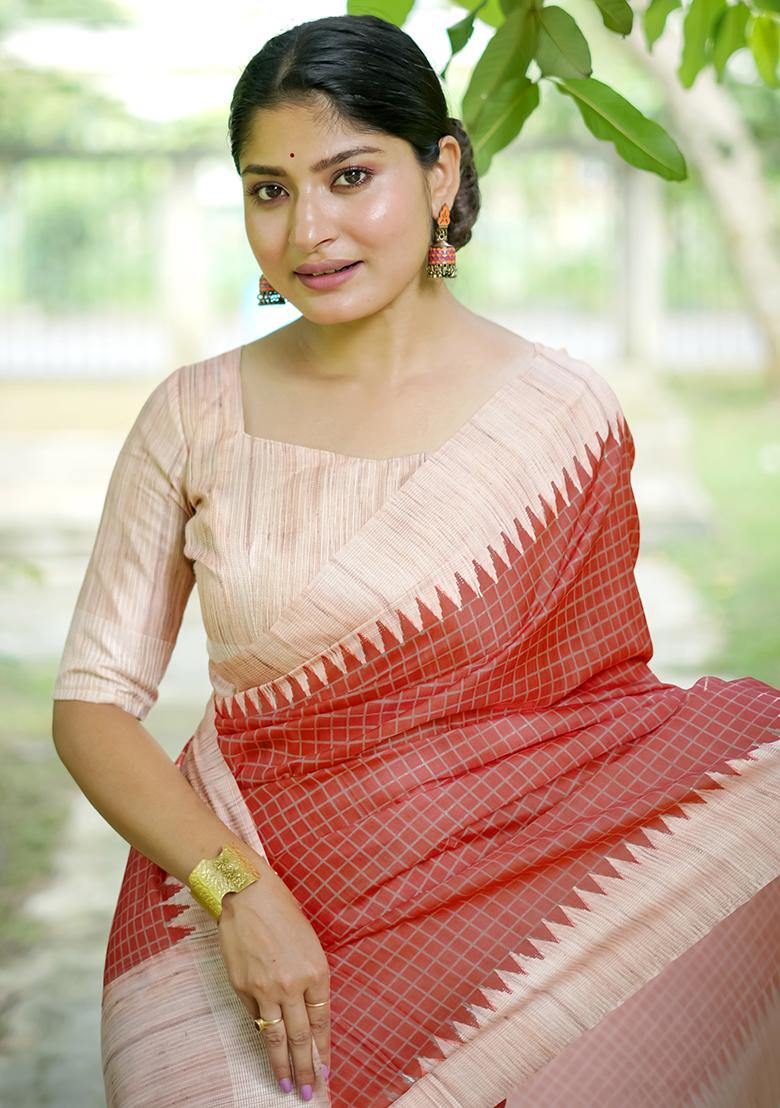 Red Checked Tussar Silk Saree Set
