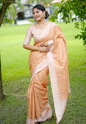 Yellow Checked Tussar Silk Saree Set