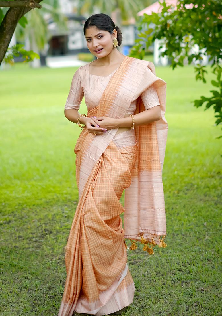 Yellow Checked Tussar Silk Saree Set