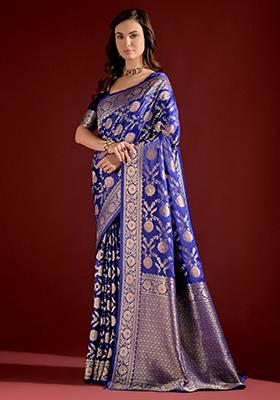 Royal Blue Zari Embroidered Banarasi Silk Saree Set