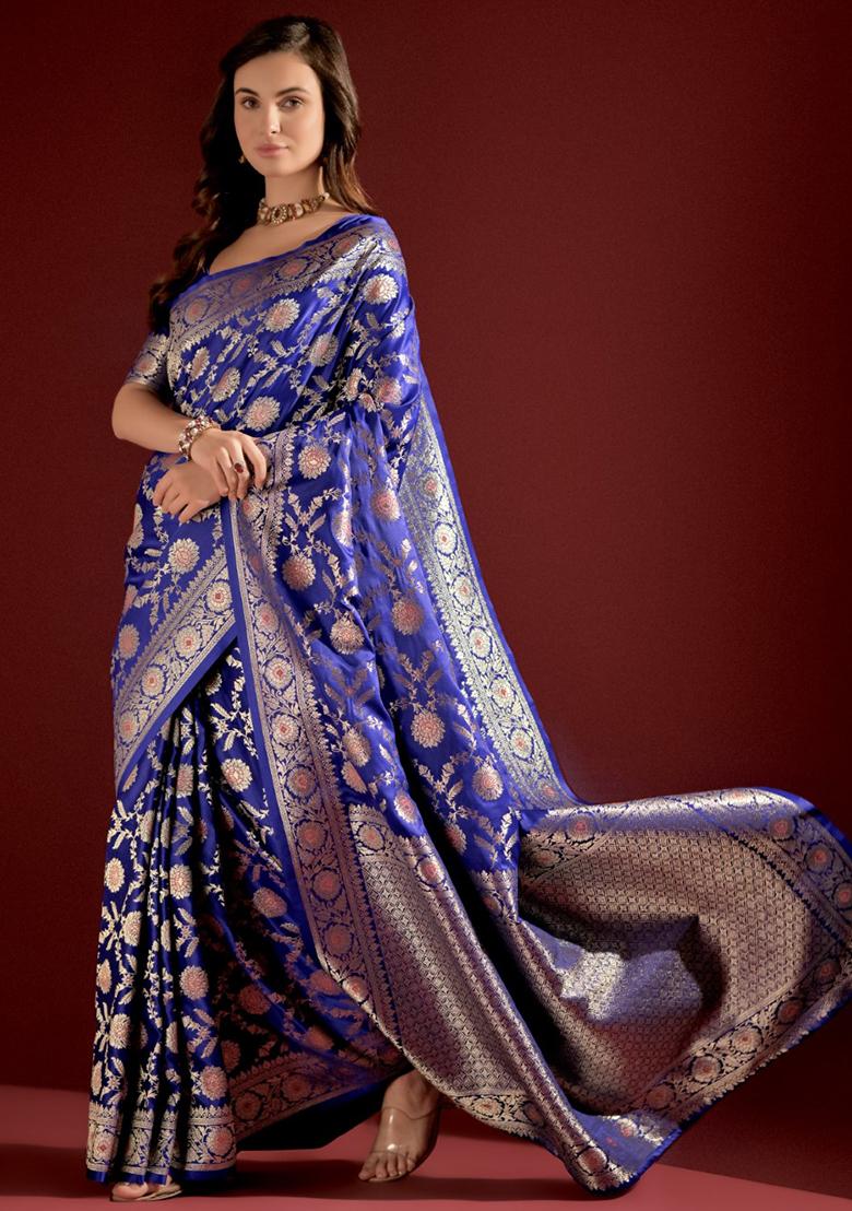 Royal Blue Zari Embroidered Banarasi Silk Saree Set