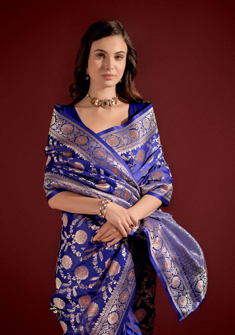 Royal Blue Zari Embroidered Banarasi Silk Saree Set