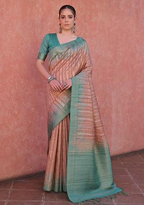 Coffee Brown Woven Tussar Silk Saree Set