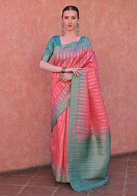 Pink Woven Tussar Silk Saree Set