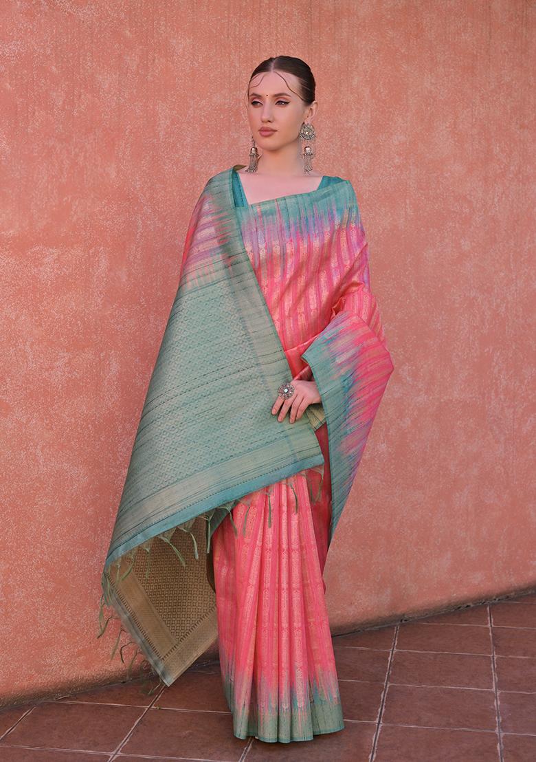 Pink Woven Tussar Silk Saree Set