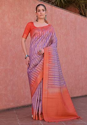Purple Woven Tussar Silk Saree Set