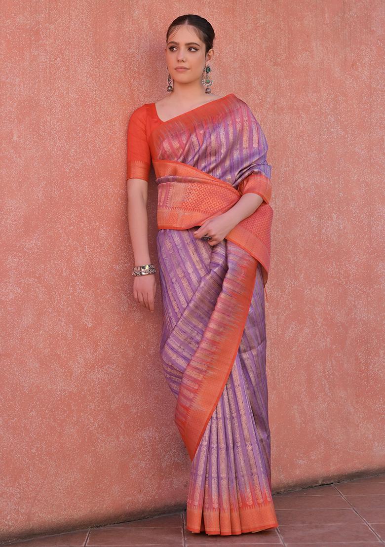 Purple Woven Tussar Silk Saree Set