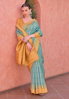 Rama Blue Woven Tussar Silk Saree Set