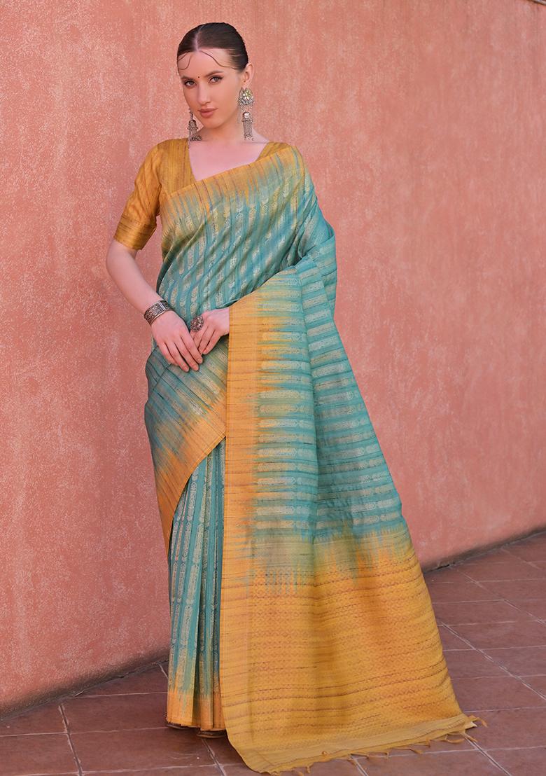 Rama Blue Woven Tussar Silk Saree Set