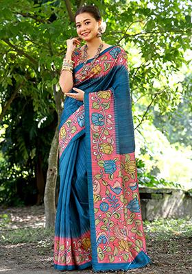 Blue Floral Print Cotton Silk Saree Set