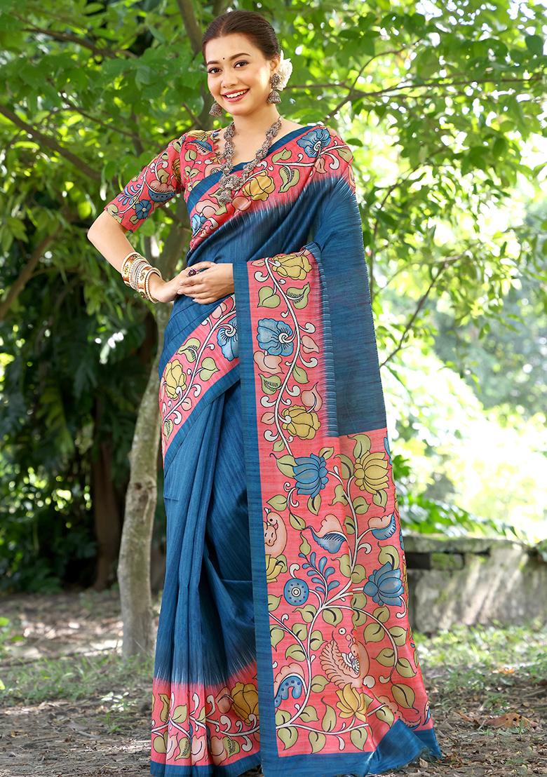 Blue Floral Print Cotton Silk Saree Set