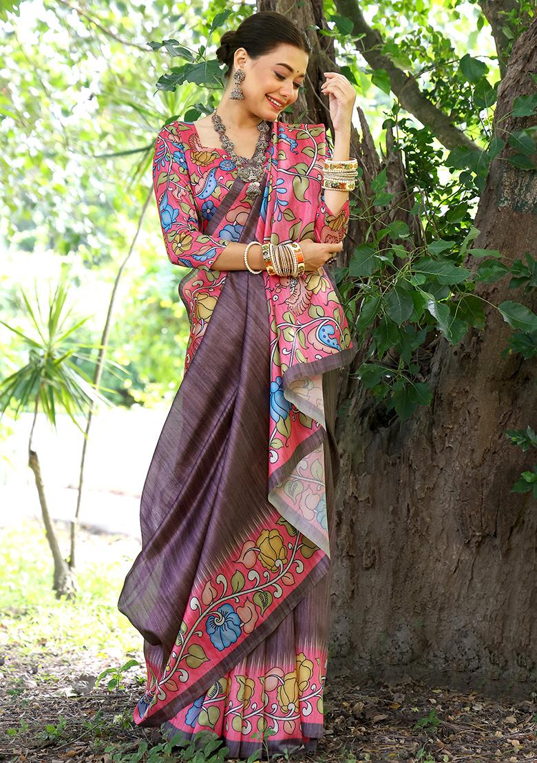 Coffee Brown Floral Print Cotton Silk Saree Set