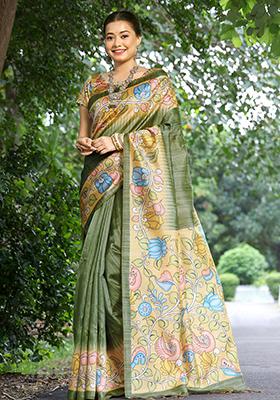 Mehendi Green Floral Print Cotton Silk Saree Set
