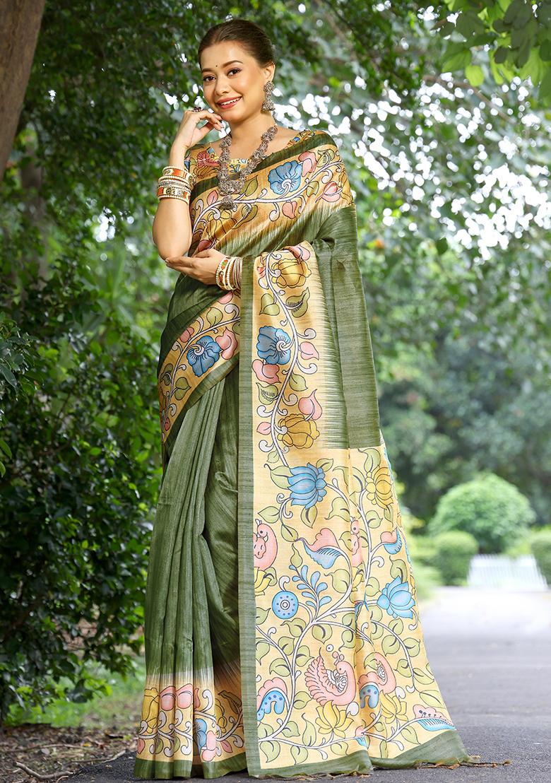 Mehendi Green Floral Print Cotton Silk Saree Set