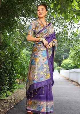 Purple Floral Print Cotton Silk Saree Set