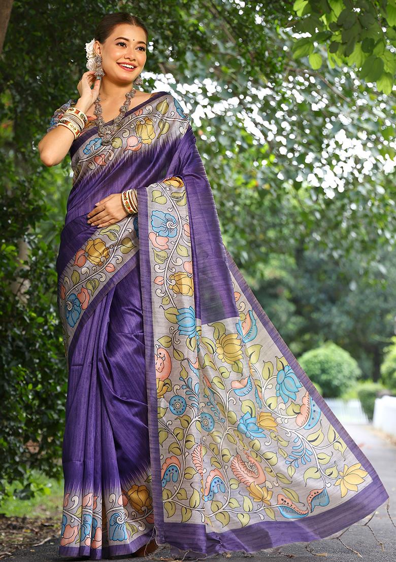 Purple Floral Print Cotton Silk Saree Set