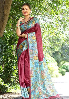 Red Floral Print Cotton Silk Saree Set