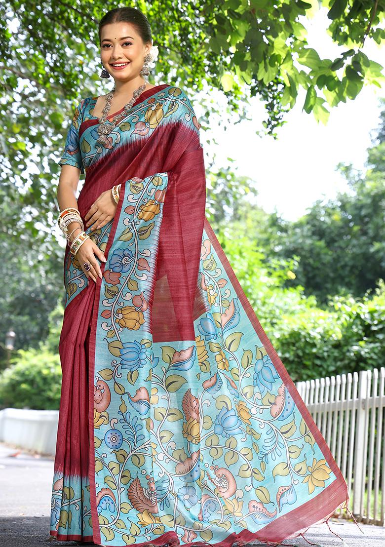 Red Floral Print Cotton Silk Saree Set