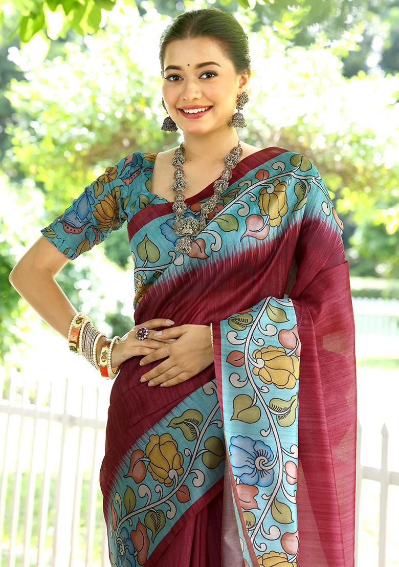 Red Floral Print Cotton Silk Saree Set