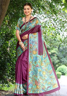Wine Floral Print Cotton Silk Saree Set