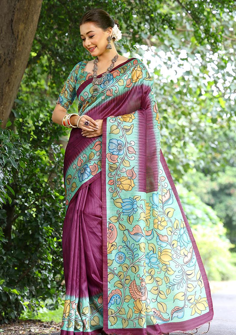 Wine Floral Print Cotton Silk Saree Set