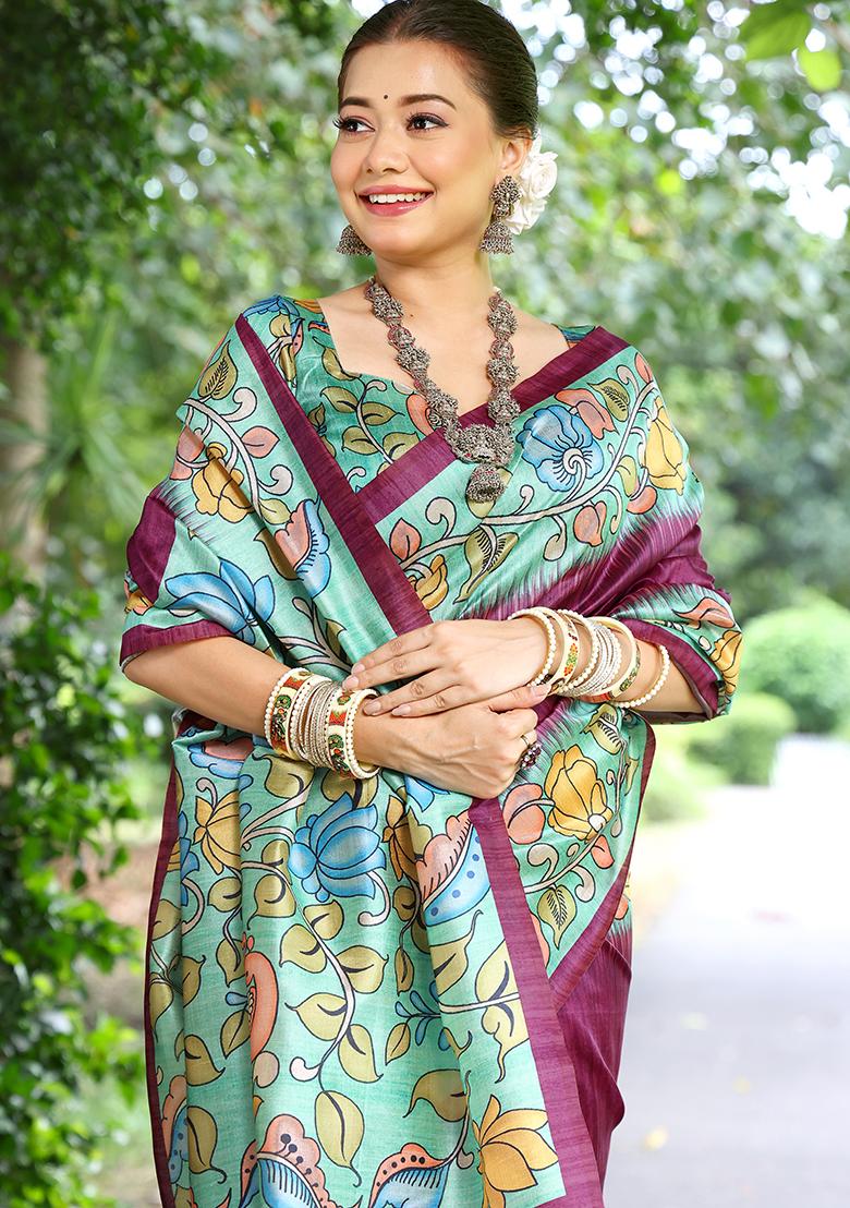 Wine Floral Print Cotton Silk Saree Set