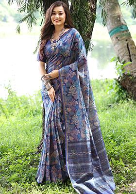 Blue Floral Print Cotton Silk Saree Set
