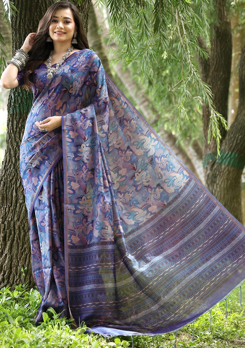 Blue Floral Print Cotton Silk Saree Set