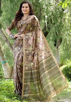 Coffee Brown Floral Print Cotton Silk Saree Set