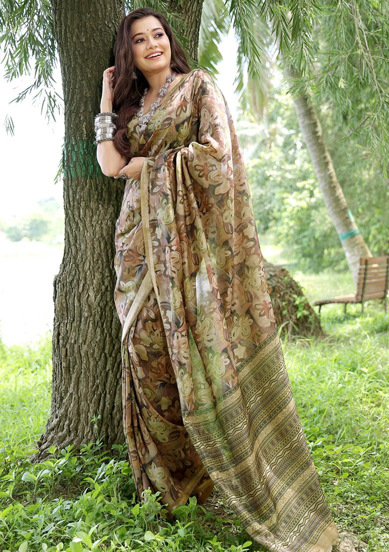Coffee Brown Floral Print Cotton Silk Saree Set