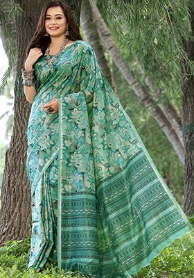 Rama Blue Floral Print Cotton Silk Saree Set
