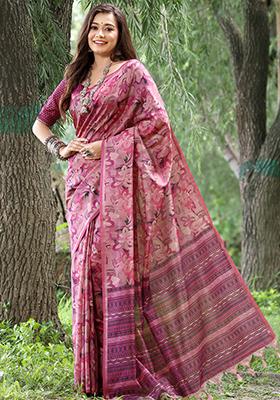 Rani Pink Floral Print Cotton Silk Saree Set