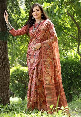 Red Floral Print Cotton Silk Saree Set