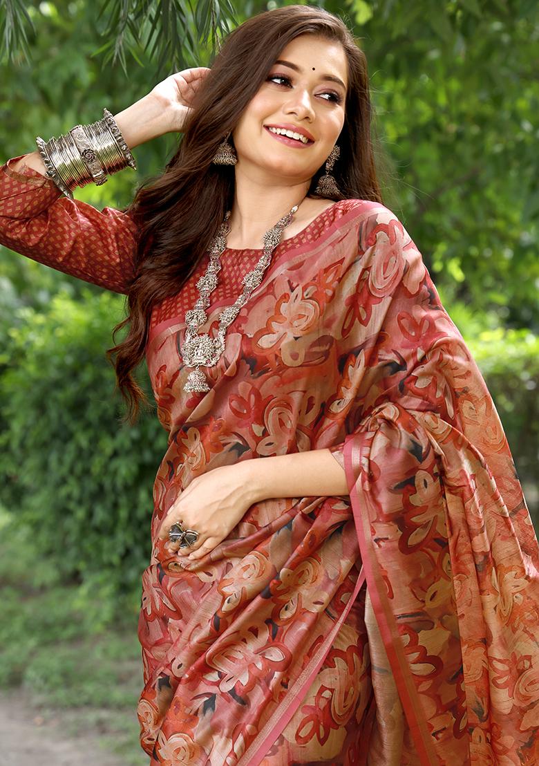 Red Floral Print Cotton Silk Saree Set
