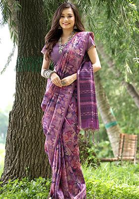 Wine Floral Print Cotton Silk Saree Set
