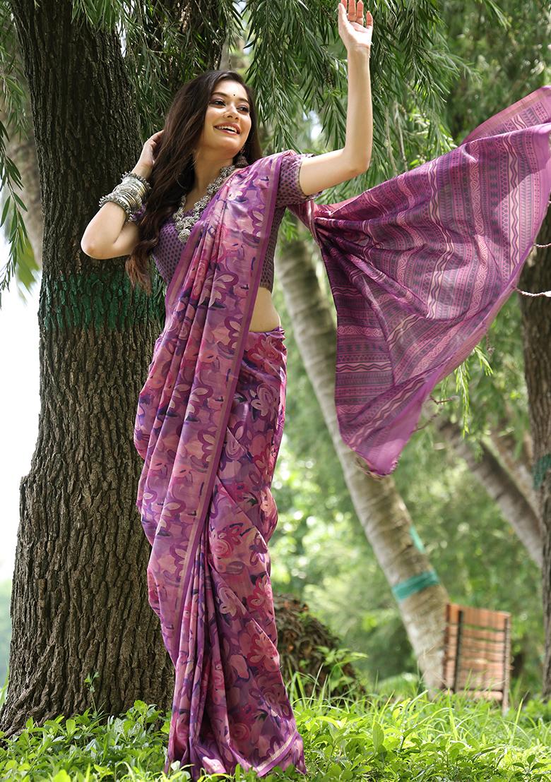 Wine Floral Print Cotton Silk Saree Set