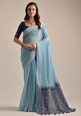 Firozi Blue Thread Embroidered Muga Cotton Saree Set